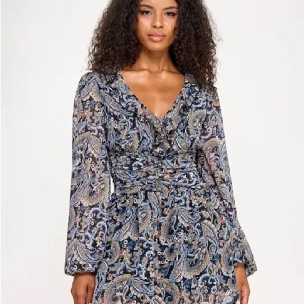 New with tag. City Studio Paisley V-Neck Long Sleeve Dress in Navy and Beige